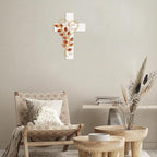 Wooden Wall Cross with Iron Heart Leaf Decorated with Hook and Base Hanging Wall Or Table Cross with Matthew 28:20 For Church Home Room Decoration (White)