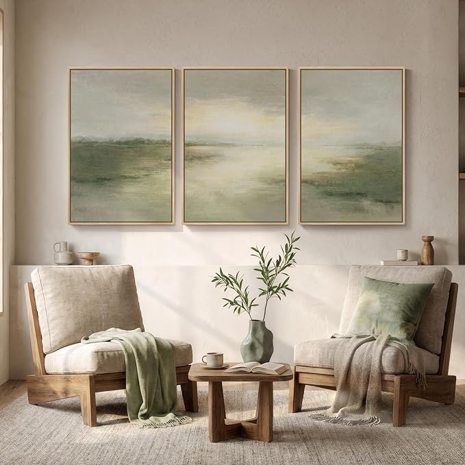 Large Framed Sage Green Abstract Landscape Wall Art for Living Room, 3 Piece Modern Canvas Prints Paintings Artwork for Walls, Nature Rustic Pictures Wall Decor for Bedroom Farmhouse Office 24x36 In