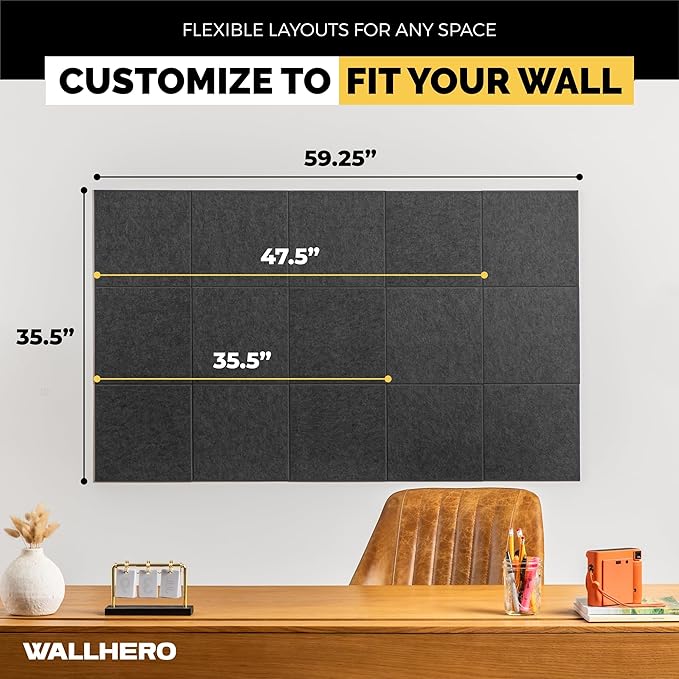 WALLHERO Cork Boards for Office, Dart Board Wall Protector, 59"x36" | 15 Pack | Black Bulletin Board, Cork Board, Cork Board Squares, Homasote Board, Bulletin Board Tiles (Gray Black)