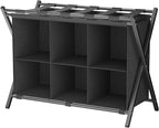 Luggage Rack for Guest Room, Folding Suitcase Stand with 6-Cube Fabric Storage Shelf, Luggage Holder, Steel Foldable Luggage Stand for Guest Room, Bedroom, Hotel, Black