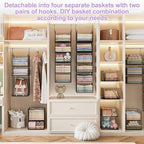 6 Tier Hanging Closet Organizers and Storage Stackable Hanging Closet Shelves with 4 Hooks 2 Adjustable Dividers, Wire Storage Basket Bins for Clothing Purse Sweaters Shoes Socks Dolls, Foldable