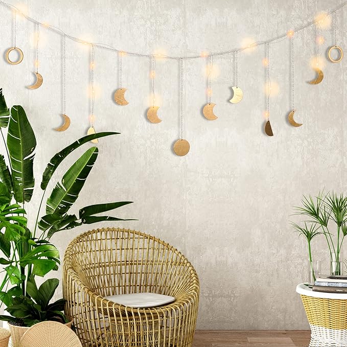 Moon Phase Wall Decor with LED String Light, 13 Gold Wood Boho Wall Hanging Decor Mood Garland 56'' - Celestial Phases Moon Decoration in Bohemian Style for Bedroom Living Room, Birthday Gifts