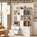 Armocity Corner Bookshelf with Drawers, 6 Tier Corner Book Shelf Display Bookcase, Freestanding L Shaped Bookshelf for Bedroom, Living Room, Home Office, White