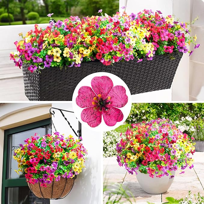 Artificial Flowers for Outdoors,Faux Flowers Daisy with Eucalyptus Leaves for Indoor Garden Home Decor,UV Resistant Artificial Flower Fake Plants for Porch, 12 Bundles (Mix Pink Red Purple Yellow)