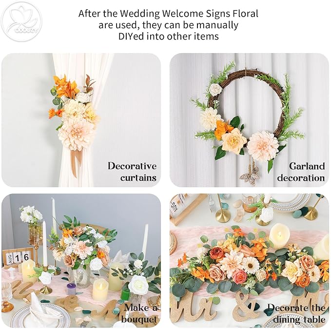 Odouzy Artificial Wedding Arch Flowers for Wedding Sign,Set of 2 for Wedding Welcome Ceremony Sign,Faux Floral Swags,Wedding, Banquet and Reception Backdrop Floral Decoration (Orange)