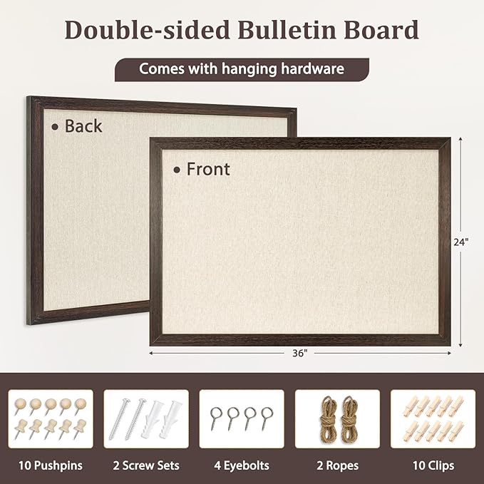 DOLLAR BOSS Bulletin Board with Linen 36'' x 24'' Wood Framed Cork Boards for Walls, Photo Display Pin Board, Decorative Corkboard for Office Home School Dorm Decor with 10 Pushpins, Dark Walnut