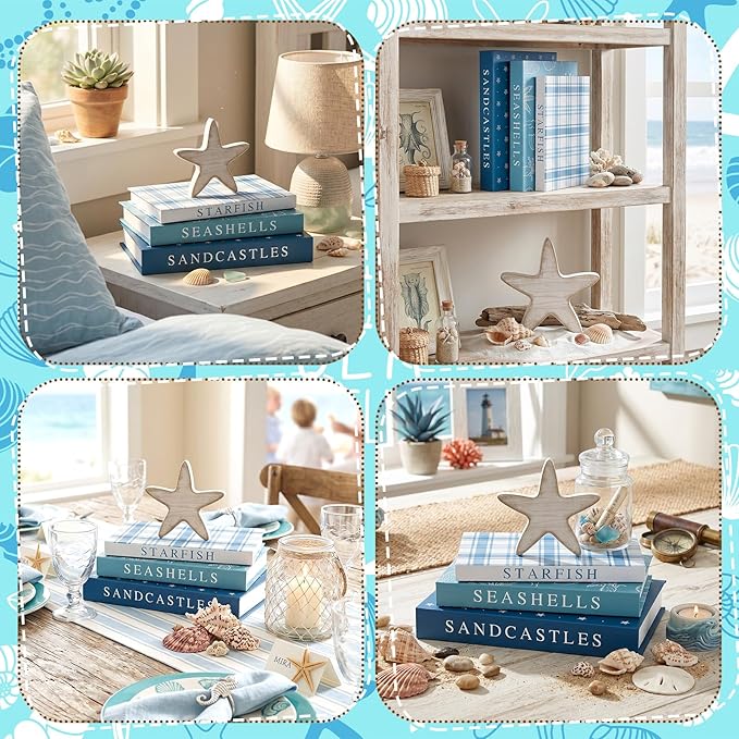 Thyle Summer Fake Decorative Books Set Wooden Starfish Table Signs Beach House Decor Faux Ocean Decoration Books for Farmhouse Coastal Summer Living Room Bedroom Office Bookshelf Decor