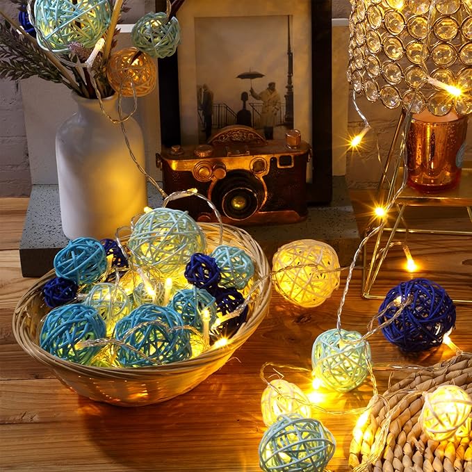 Patelai 36 Pcs Wicker Rattan Balls Decorative Balls for Vase Centerpiece Bowls Orbs Filler for Home Decor,4 Sizes(White, Blue Series,2.4'',2'',1.6'',1.2'')