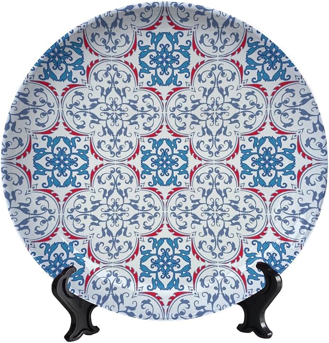 Turkish Decorative Plate Stand, 10 Inch, Blue Red Flowers Round Display Plate, Handmade Ceramic Ornament, for Kitchen Living Room Office Countertop Decor