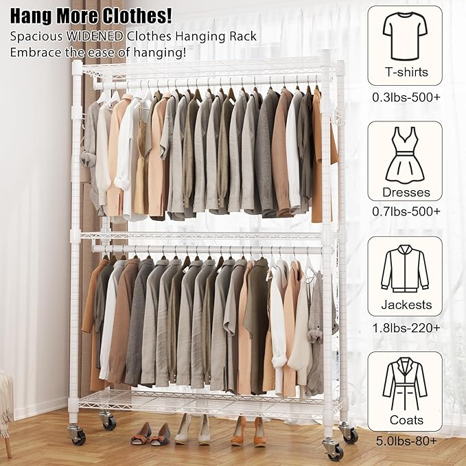 BATHWA Heavy Duty Garment Rack on Wheels, Rolling Clothes Racks for hanging clothes, Modern Closet Wardrobe Clothing Rack with 8 Side Hangers, White