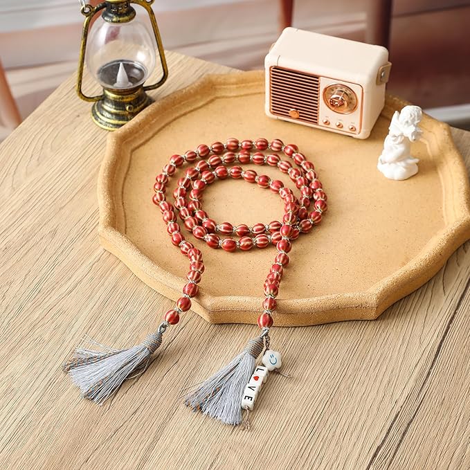 Farmhouse Ceramic Beads 50in Handcrafted Colors Bead Garland with Tassels Rustic Decor Prayer Boho Beads Big Wall Hanging and Coffee Table Decor Red Bead