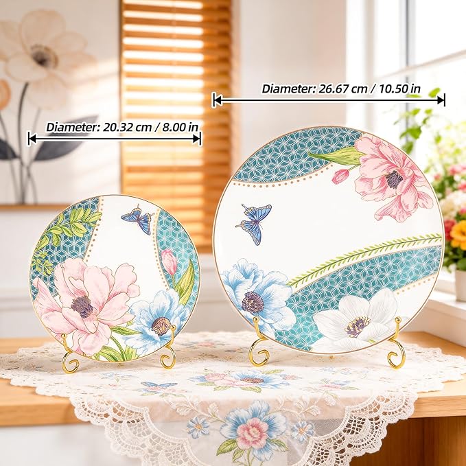 KAMMAK Ceramic Decorative Plate Set of 2, Porcelain Plates for Kitchen Dining Room Wine Cabinet Home Decor, Vintage Collector Plates with 2 Display Stand, Green (8-inch + 10.5-inch)