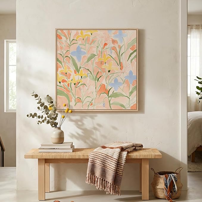 Framed Square Boho Abstract Floral Wall Art for Living room, Neutral Flower Watercolor Painting Print Canvas Artwork for Walls, Pastel Bohemian Botanical Wall Decor for Bedroom Home Office, 24x24 Inch