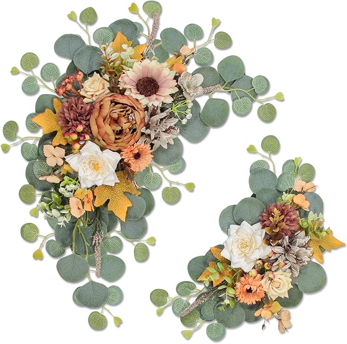 Odouzy Artificial Wedding Arch Flowers for Wedding Sign,Set of 2 for Wedding Welcome Ceremony Sign,Faux Floral Swags,Wedding, Banquet and Reception Backdrop Floral Decoration (Coffee Orange)