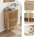 Shoe Storage Cabinet with Louvered 2 Flip Drawers, Narrow Shoe Cabinet Storage for Entryway, Freestanding Shoe Organizer Cabinet with Golden Handles, Slim Shoe Rack Cabinet 23.5in (Natural Wood)