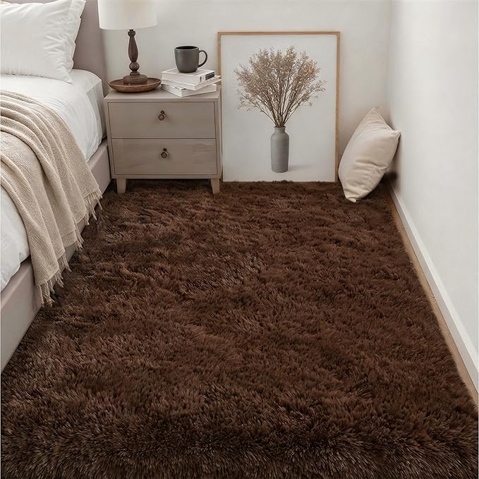 Fluffy 4x6 Area Rugs for Living Room Bedroom: Ultra Soft Shag Rug Non-Slip Non-Shedding Small Plush Bedside Rug Indoor Floor Carpets for Kids Room Playroom Entryway Nursery Dorms Home Decor Brown