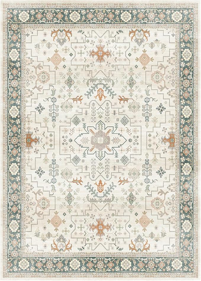 Lessymo Area Rugs for Living Room, Soft Non Slip 5x7 Washable Rug for Bedroom Dinning Nursery Room Office, Kids & Pets Friendly, Stain Resistance Vintage Floral Tribal Decor, Cream Green