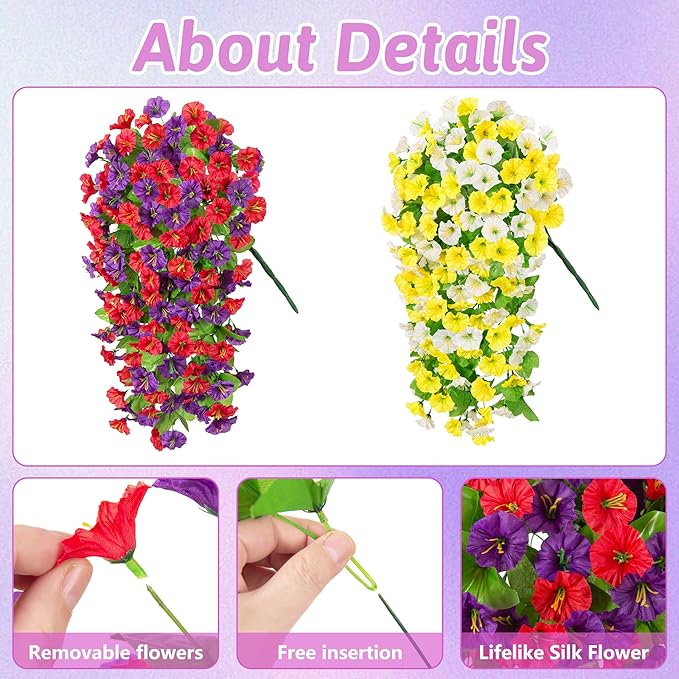 Artificial Fake Hanging Flowers Basket for Spring Decor, Faux Silk Flower in Planter for Summer, Outdoor Artificial Floral for Home Porch Yard(Yellow White Purple Red)