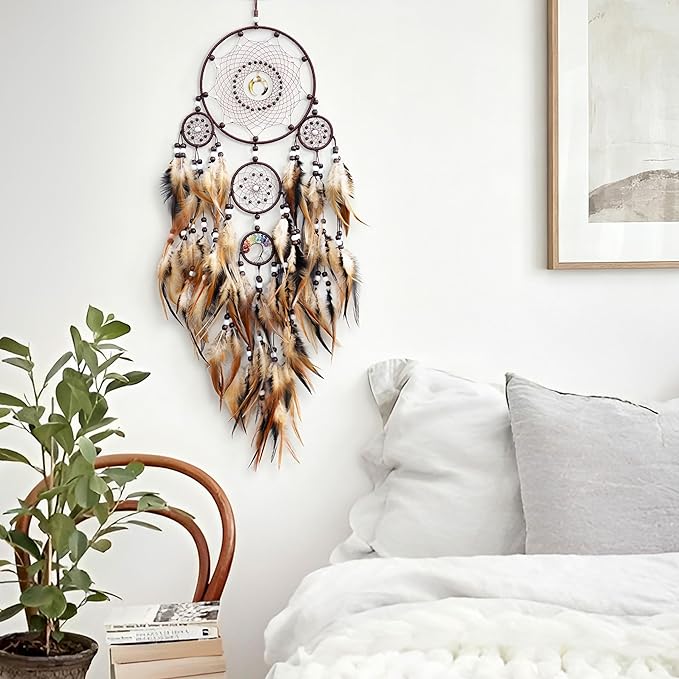 Dream Catchers for Adults,Large Dream Catchers for Bedroom,Brown Boho Dream Catcher Wall Decor Tree of Life Suncatcher Hanging Decoration Festival