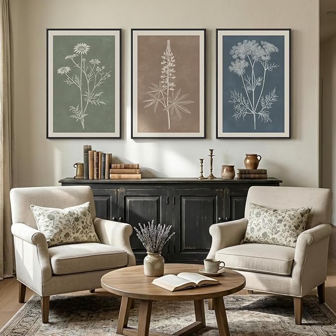 Framed Boho Botanical Wall Art for Living Room, 3 Piece Modern Farmhouse Neutral Floral Canvas Painting Prints, Minimalist Vintage Flower Plants Line Artwork for Bedroom Hallway Wall Decor, 24x36