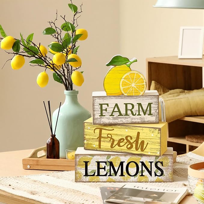 Moucuny 4 Pcs Summer Lemon Decor Summer Table Decorations Farm Fresh Lemons Wooden Stacked Block Decor Rustic Summertime Tiered Tray Decoration Fruits Centerpiece for Home Kitchen Dining Room Mantel