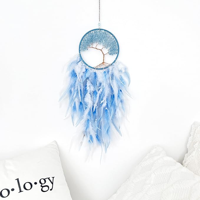 Dream Catchers, Sky Blue Dream Catcher Tree of Life Wall Decor, with Natural Healing Crystal Stone, Perfect Handmade Dreamlike Crystal Dream Catcher for Bedroom Art Craft Gift