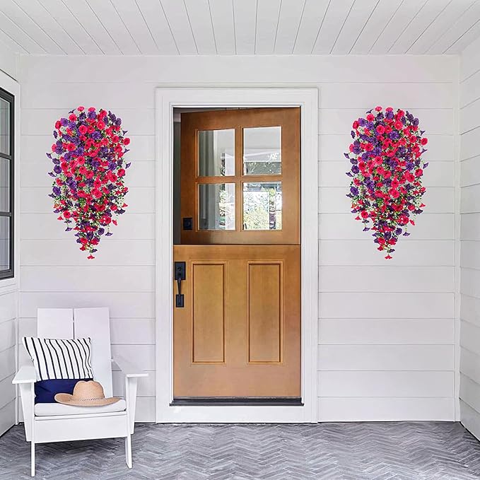Artificial Hanging Flowers for Outdoor, 2pcs Fake Plants Long Vine Morning Glory Eucalyptus, Spring Summer UV Resistant Realistic Faux Greenery Indoor Outside Patio Porch Garden Decor, Hot Pink Purple