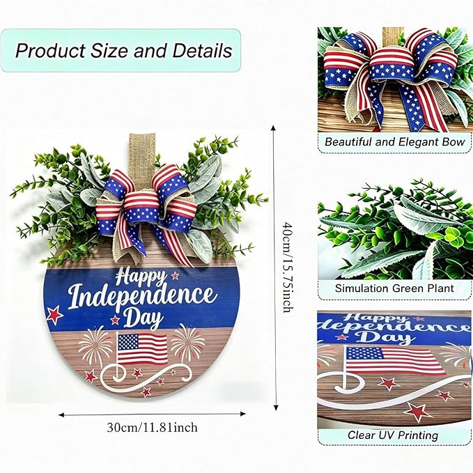 4th of July Wreaths Decorations for Front Door with Large Bow, USA 250th Anniversary Merchandise, Independence Day & Summer Patriotic Decorations for Garden & Patio (Color-Day)