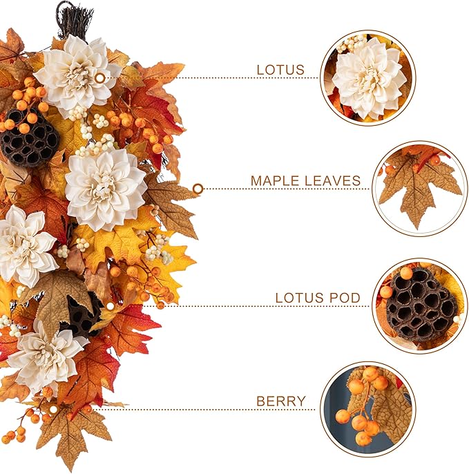 Glitzhome Fall Teardrop Swags for Front Door, 28''H Autumn Swag with Lotus, Lotus Pod and Berry, Fall Swags for Front Door, Thanksgiving Harvest Festivals Decor