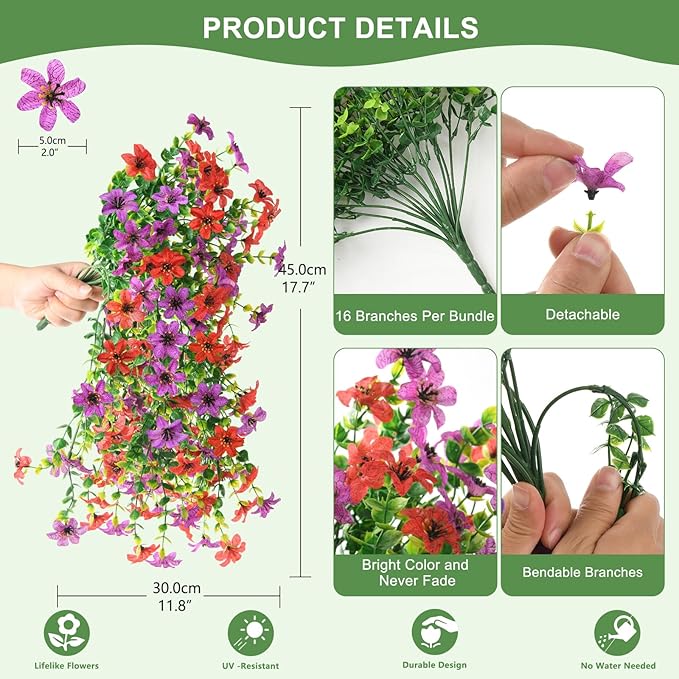 Artificial Hanging Flowers for Outdoors, 2 Pcs Fake Hanging Plant Spring Summer Decoration, UV Resistant No Fade Faux Flower for Porch Patio Yard Window Home Decor(Red Purple)