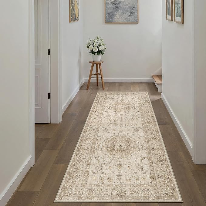 2x6 Beige Runner Rug Washable Hallway Vintage Carpet Kitchen Distressed Small Long Non Slip Low Pile Thin Bedroom Medallion Accent Throw Rug Laundry Living Room
