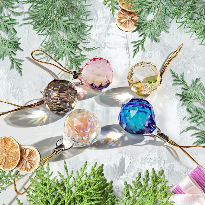 Crystal Suncatcher Ornaments Christmas Tree Decorations, 12PCS Xmas Iridescent Crystal Ball Prism, Mini Round Ball Drop Hanging Ornament for Xmas Tree Suncatcher Chandelier Wedding Party Home Decor
