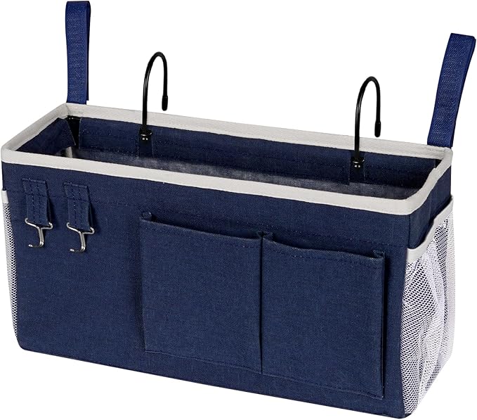 Bedside Storage Caddy/Bedside Hanging Storage Bag for Headboards Bunk Beds Dorm Rooms Book Phone Magazine Holder (Navy Blue)