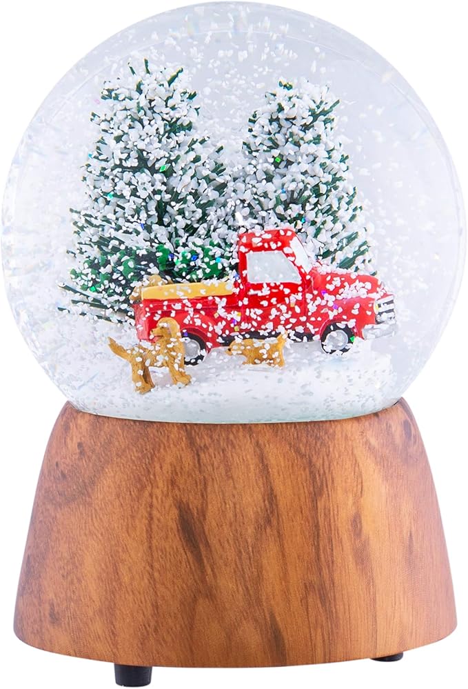 Red Truck With Dogs Cherry Woodgrain 6 x 4 Resin and Metal Holiday Musical Snow Globe