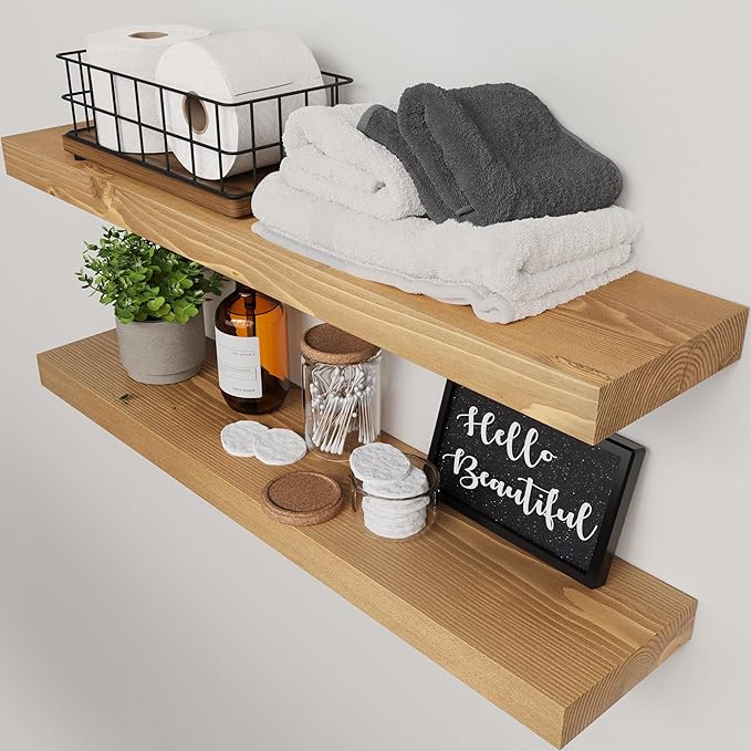 BAOBAB WORKSHOP Natural Wood Floating Shelves for Wall 30 Inches Long, Solid Wooden Shelf Large, Bathroom Shelves for Room Wall Mounted Kitchen Farmhouse, Oak Floating Shelf, 30W × 6.7D, Set of 2