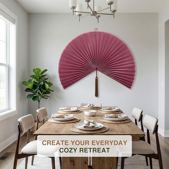 Big Fan Decor 60", Bamboo Wall Fan for King Bed, Japanese Wall Fan Light Pink Handwoven Art, Massive Aesthetic Hanging, Hook Included (Light Pink)