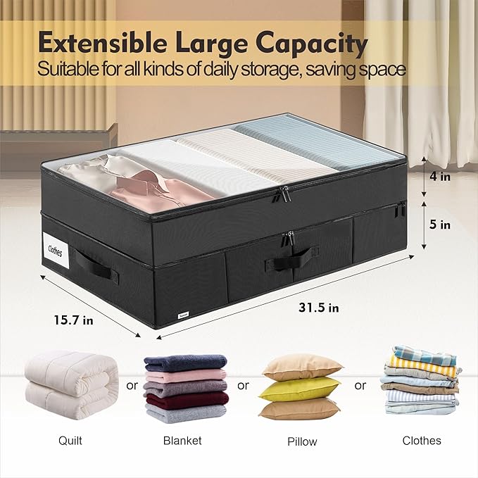 Large Under Bed Storage Containers, 2-Pack Double Layer Underbed Storage Bins with 3 Handles, 70L Extensible/Closed Clothes Storage Organizer with Sturdy Bottom Sidewalls, Black
