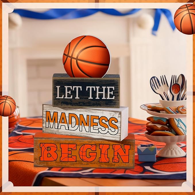 Yuntau 4 Pcs Basketball Table Decorations 2026 Sport Tiered Tray Decor Ball Wooden Sign Blocks Basketball Room Decor Farmhouse Centerpieces for Home Shelf Locker Bedroom Senior Night Party Gifts
