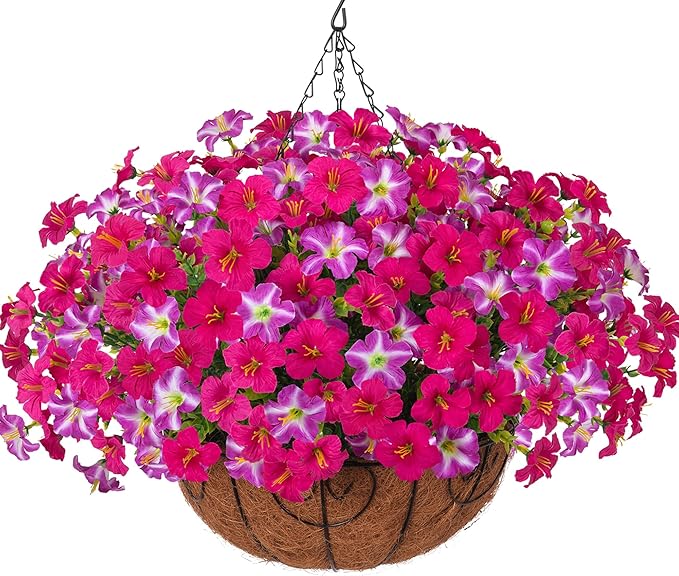 INSPRING Artificial Hanging Flowers for Outdoors Baskets Fake Plants Spring Decoration, UV Resistant Faux Silk Morning Glory in Planter Look Real for Outside Patio Porch Balcony Garden Home Decor