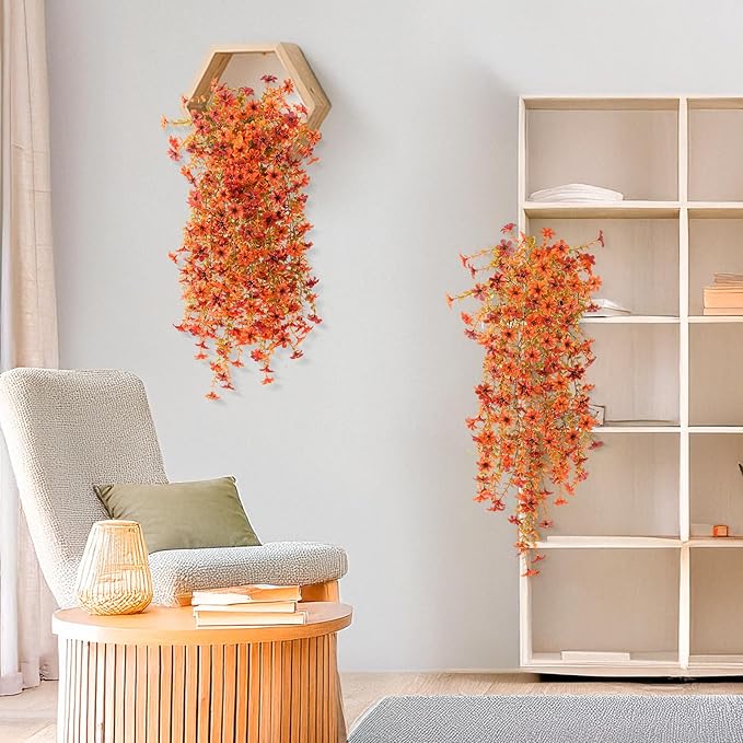 INQCMY Artificial Fall Fake Flowers for Outdoor Fake Hanging Decoration,2PCS Faux Mums Silk Flower with Autumn Leaves UV Resistant No Fade for Home Planter Porch Patio Yard Balcony Garden(Orange Red)