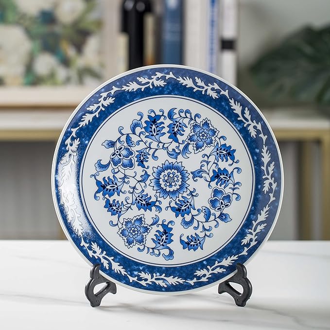 Blue and White Porcelain Decorative Plate of 10.4‘’ 26cm Oriental Floral Pattern Ceramic Ornaments Dessert Plates, 1 Plate with 1 Display Stand