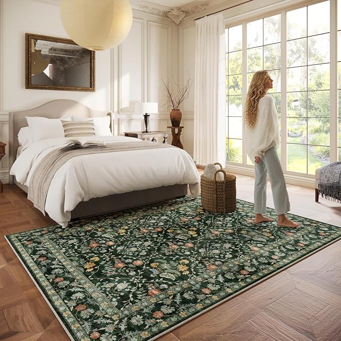 Vintage Botanical Dark Green Area Rug 6x9 Elegant Floral Pattern, Durable Stain-Resistant Fabric, Perfect for Living Room, Bedroom, Dining Room Decor