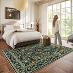 Vintage Botanical Dark Green Area Rug 6x9 Elegant Floral Pattern, Durable Stain-Resistant Fabric, Perfect for Living Room, Bedroom, Dining Room Decor