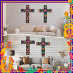 Pinkunn 2 Pcs Mexican Floral Cross Wall Decor Mexican Wall Art Hand Painted Decorative Inspirational Wooden Floral Cross Spanish Crucifix Decor for Home Room Church Decoration