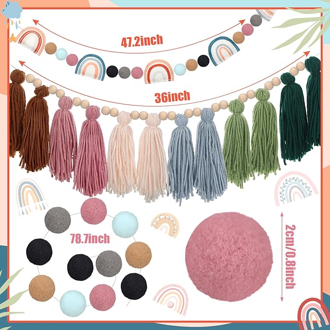 Hahafelt 4 Pcs Sage Green Boho Tassel Garland Wood Bead Tassel Garland Colorful Felt Rainbow Pom Pom Banner Nursery Room Holiday Decoration Retro Wall Hanging Bunting Banner for Home Bedroom Decor