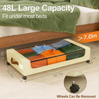 GoMaihe Under Bed Storage with Wheels: 48L Underbed Storage Containers with Lids - Rolling Bins for Shoes Clothes in Dorm Bedroom - Metal Drawers Easy Pull-out Beige 2-Pack