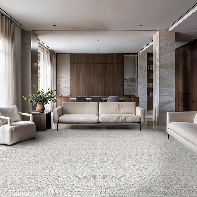 Micro Loop Indoor Rug White 5x7 Boho Geometric Neutral Area Rugs for Living Room Soft Luxury Modern Low and High Pile Durable Stain Resistant Non-Shedding Indoor Area Carpet 5 x 7
