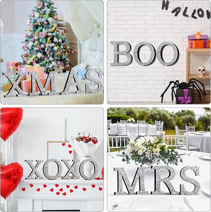 Qunclay 8'' Silver Crystal Diamond Bling Letters Crushed Diamond Decoration Wooden Glitter Letter with Screw and Hooks Rhinestone Gift for Wedding Y2k Mcbling Bedroom Wall Decor (Letter N)