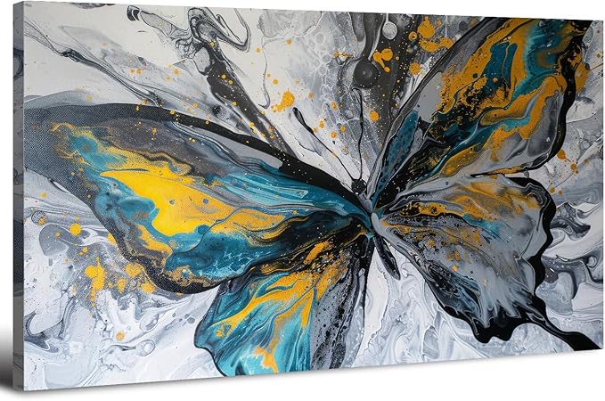 Abstract Butterfly Wall Art Teal Grey Yellow Butterfly Wall Decor Modern Marble Textured Canvas Poster Luxury Fluid Pictures Watercolor Neutral Artwork for Living Room Bedroom Home Decoration 20x40"