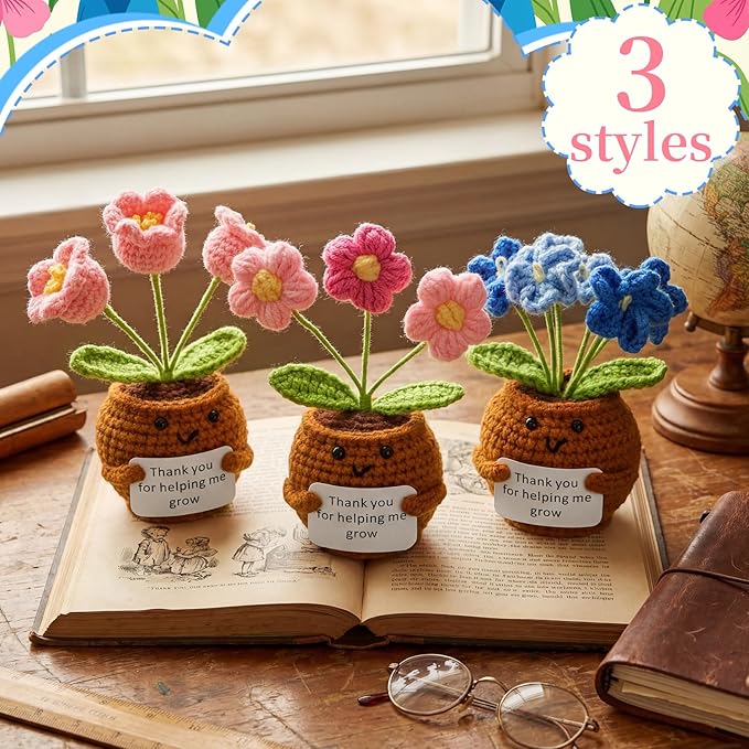 Wavwavw 3 Pack Teacher Appreciation Gift Positive Flower Handmade Crochet Doll Thank You for Helping Me Grow Gifts Back to School Gifts for Women Teacher(Puff Flower, Bell Orchid, Forget Me Not)